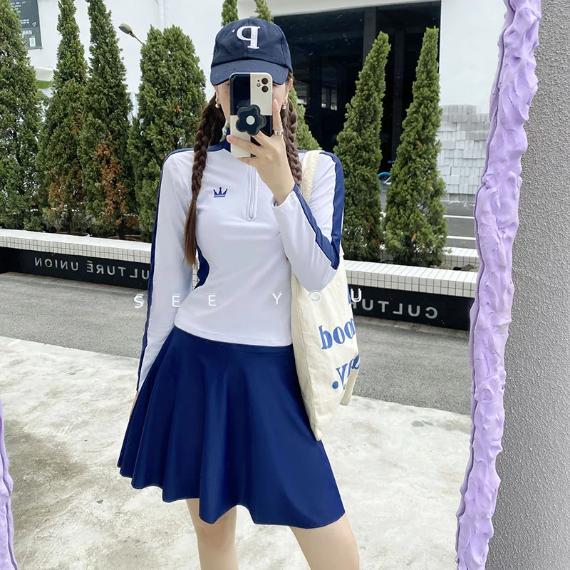 

Спортивный купальник из 2 предметов с длинным рукавом и высоким воротником на молнии, женский купальник, Женский однотонный купальный костю...