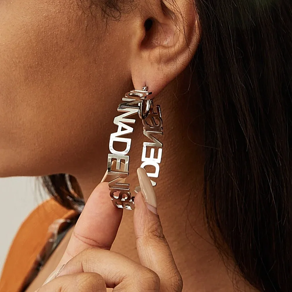 

Stainless Steel Personalised Name Hoop Earrings for Women Big Circle Letter Nameplate Custom Earrings Waterproof Jewelry