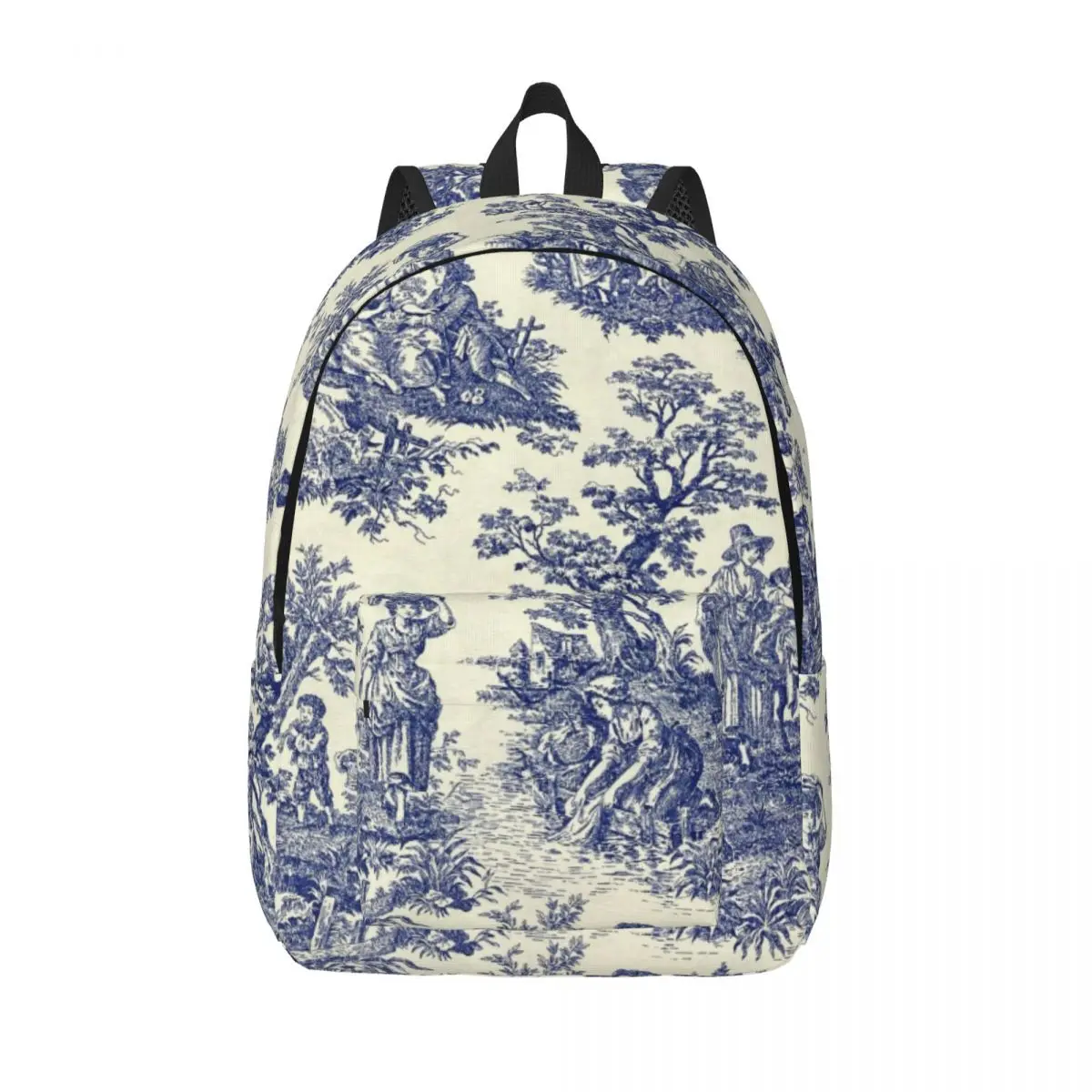 

Toile De Jouy Blue Canvas Backpack for Men Women School College Students Bookbag Fits 15 Inch Laptop French Navy Blue Motif Bags