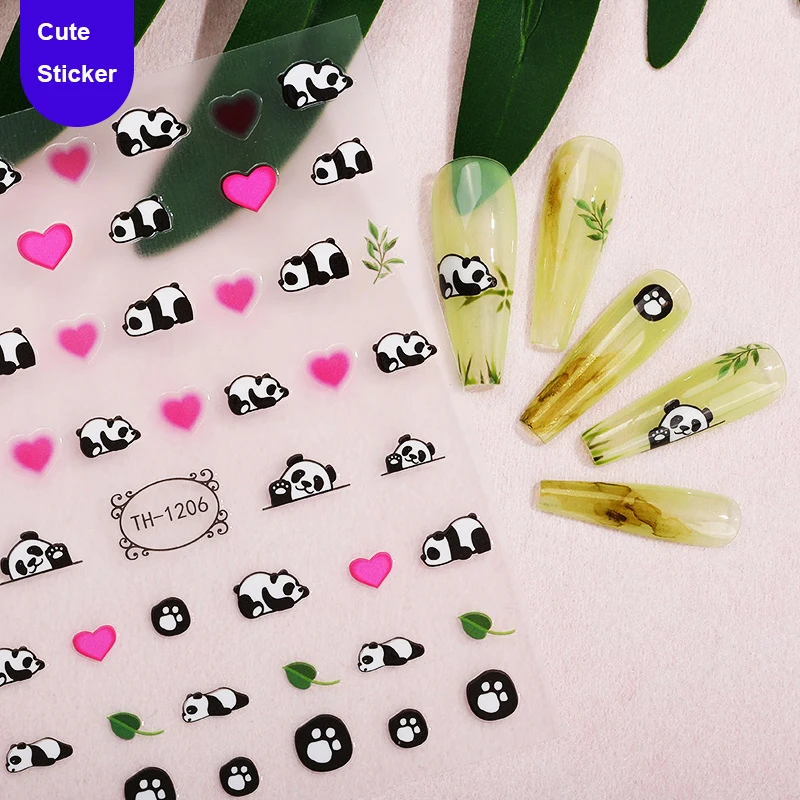 3D srtickers press on nails accesories cute animals panda bear cow kawaii designs large sheet adhesive foil sliders nail decal