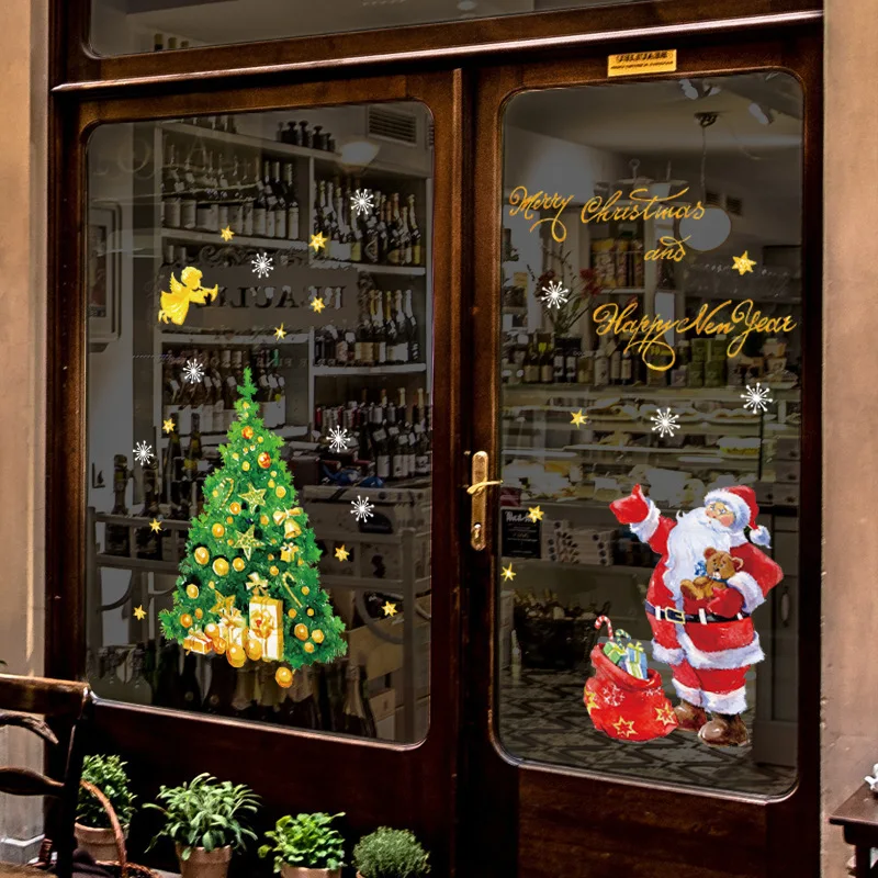 

Новогодняя елка, Санта-Клаус, лось, стеклянная наклейка, Рождественская оконная Съемная наклейка, рождественские украшения для окна