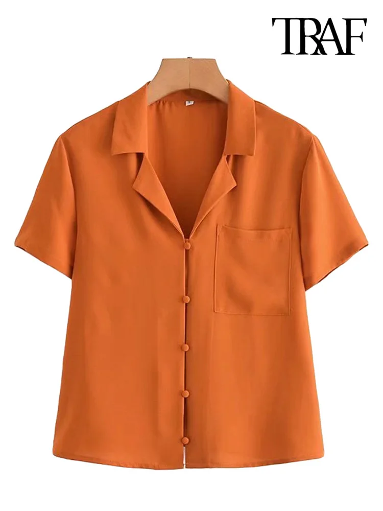 

TRAF Women Fashion Patch Pockets Soft Touch Blouses Vintage Short Sleeve Front Buttons Female Shirts Blusas Chic Tops