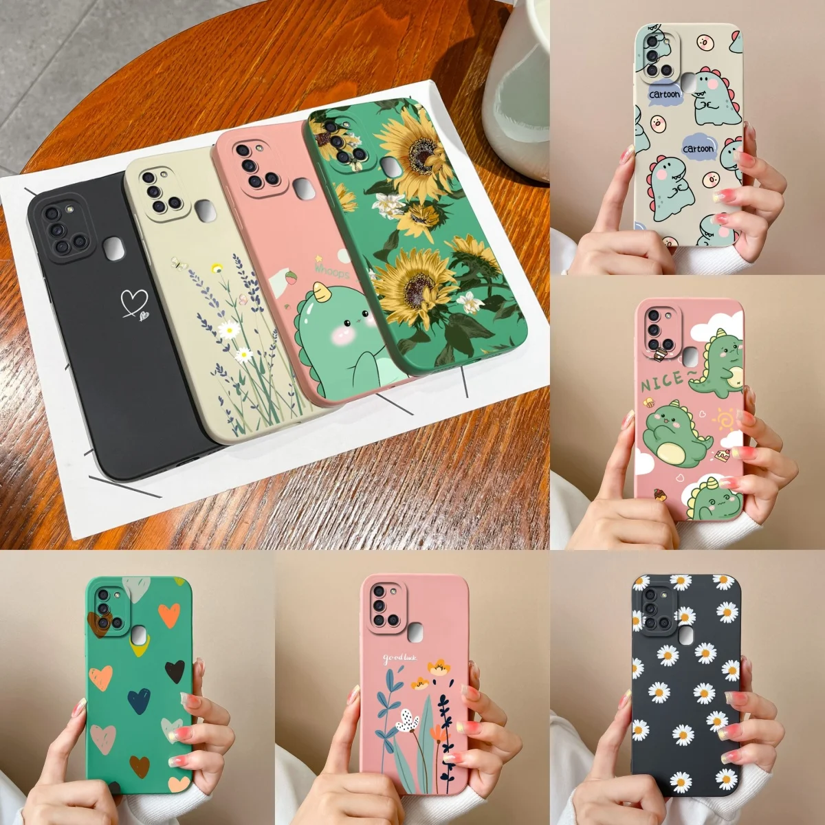 Чехлы для Samsung Galaxy A21S милый мультяшный рисунок динозавра квадратный жидкий