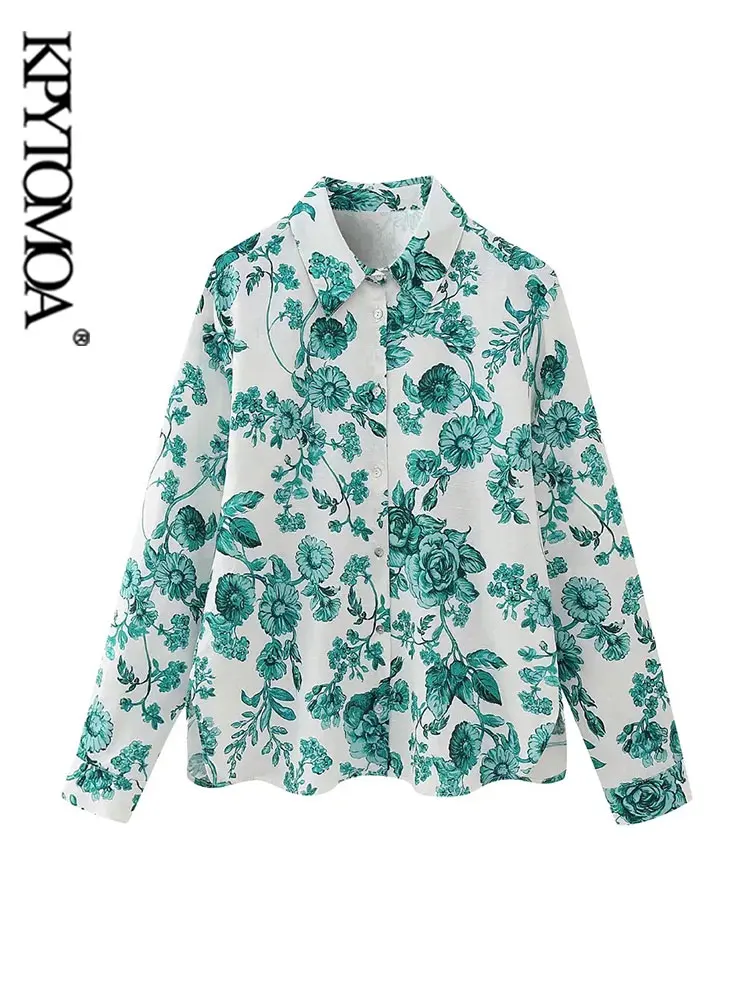 

KPYTOMOA Women Fashion Floral Print Linen Shirts Vintage Long Sleeve Front Button Female Blouses Blusas Chic Tops
