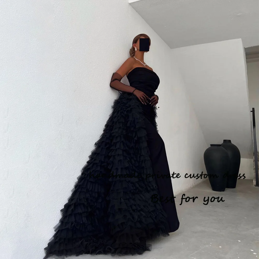 

Black Evening Dresses Straplrss Tiered Tulle Long Formal Celebrate Dress Mono Satin Women Prom Party Dress Customized
