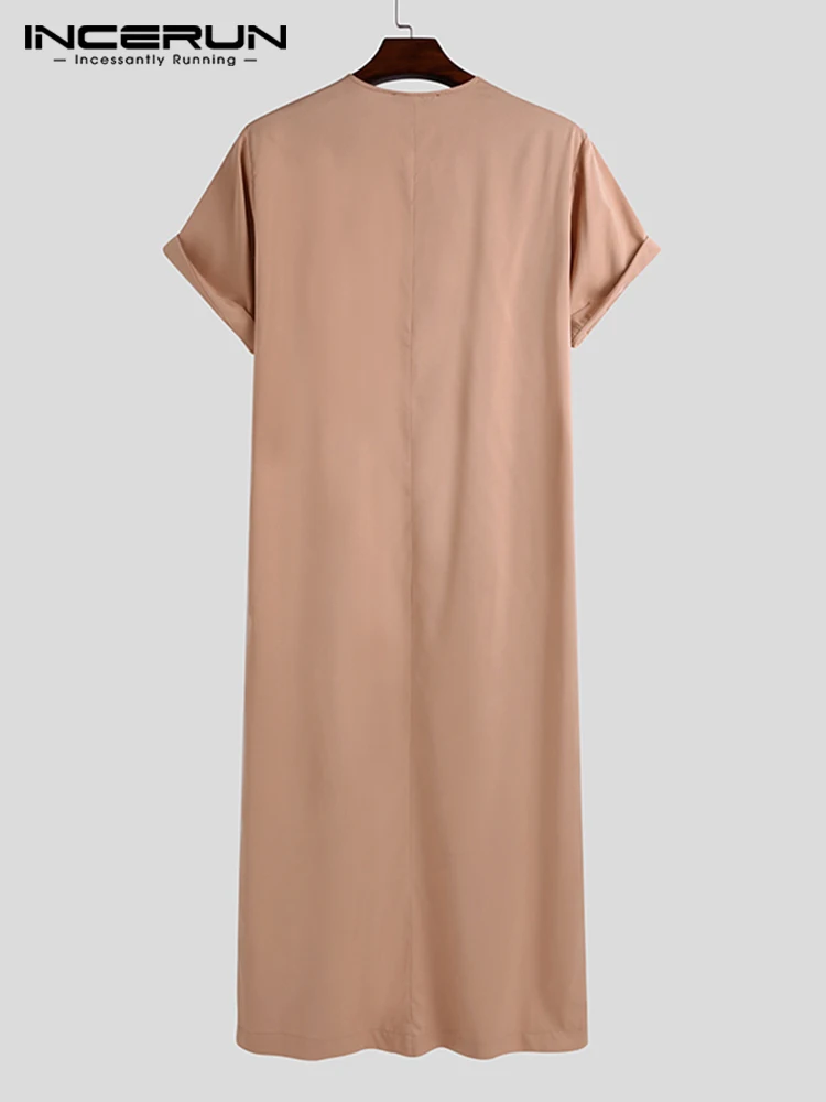 INCERUN 2022 New Men's Solid All-match Robes Saudi Style Jubba Thobe Vintage Short Sleeve O-Neck Muslim Arabic Islamic Robes 5XL