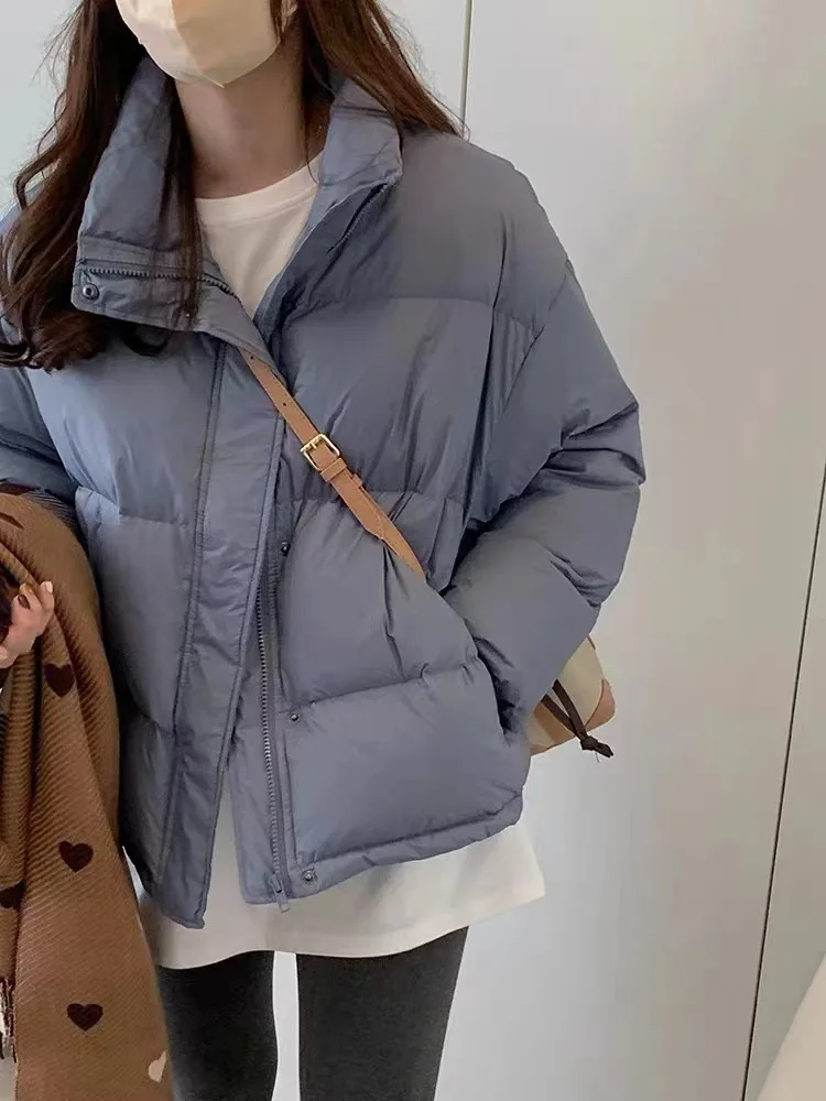 22 Winter New Standing Collar Short Section Down Jacket Female Small Simple Loose Thickened White Duck Down Bread Clothes