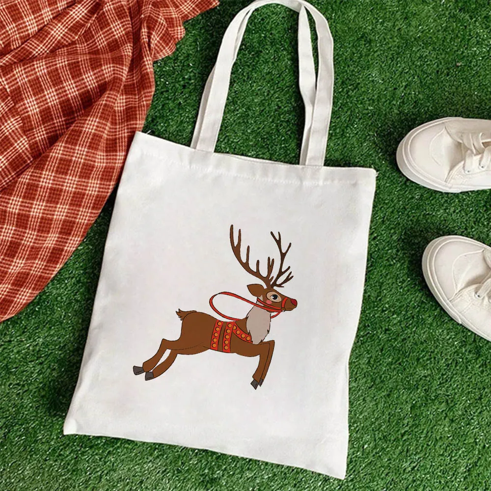 

2021 New Arrival Christmas Elk Run Cartoon Pattern Canvas Tote Bag Fashion Durable Women Student Handbag Printed Shopping Bags