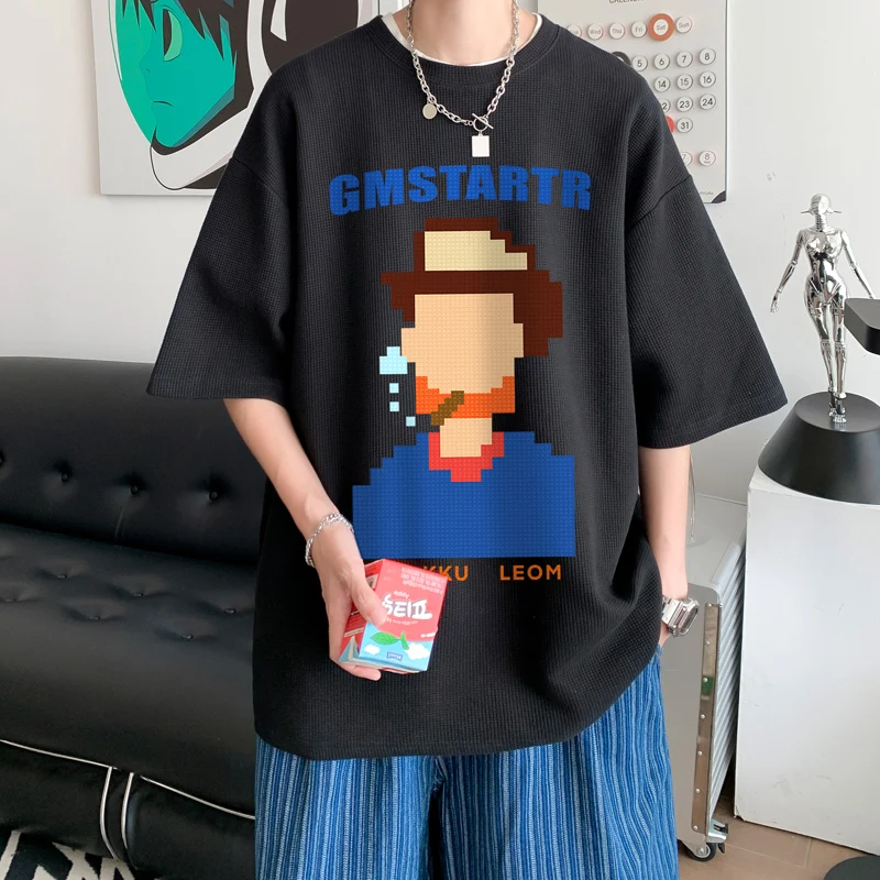 

YASUGUOJI Japanese Fashion Mosaic Print Waffle Pattern T Shirt Men Summer Oversized Tops Tees Short Sleeve Casual Loose Tshirt