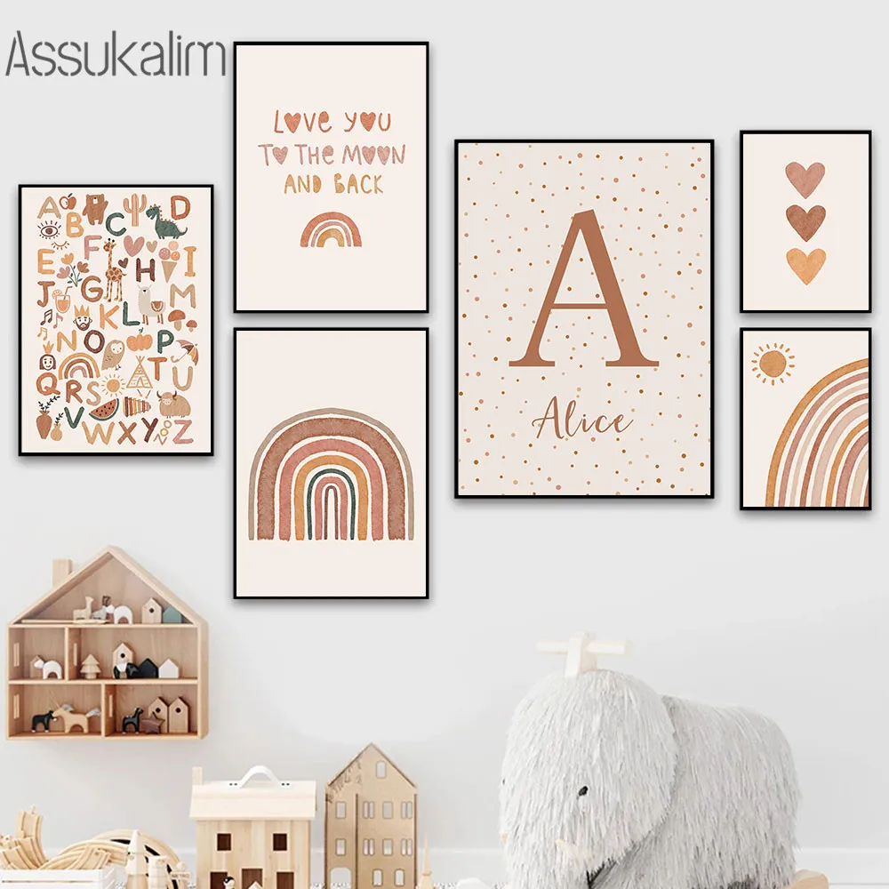 

Alphabet Print Pictures Rainbow Canvas Painting Nursery Art Prints Custom Name Wall Posters Boho Wall Pictures Kids Room Decor