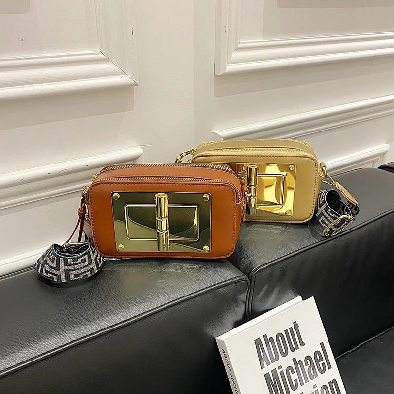 

Женские сумки через плечо, новинка 2023, модная квадратная сумка с широким ремешком и замком, модные повседневные Простые кошельки и сумки