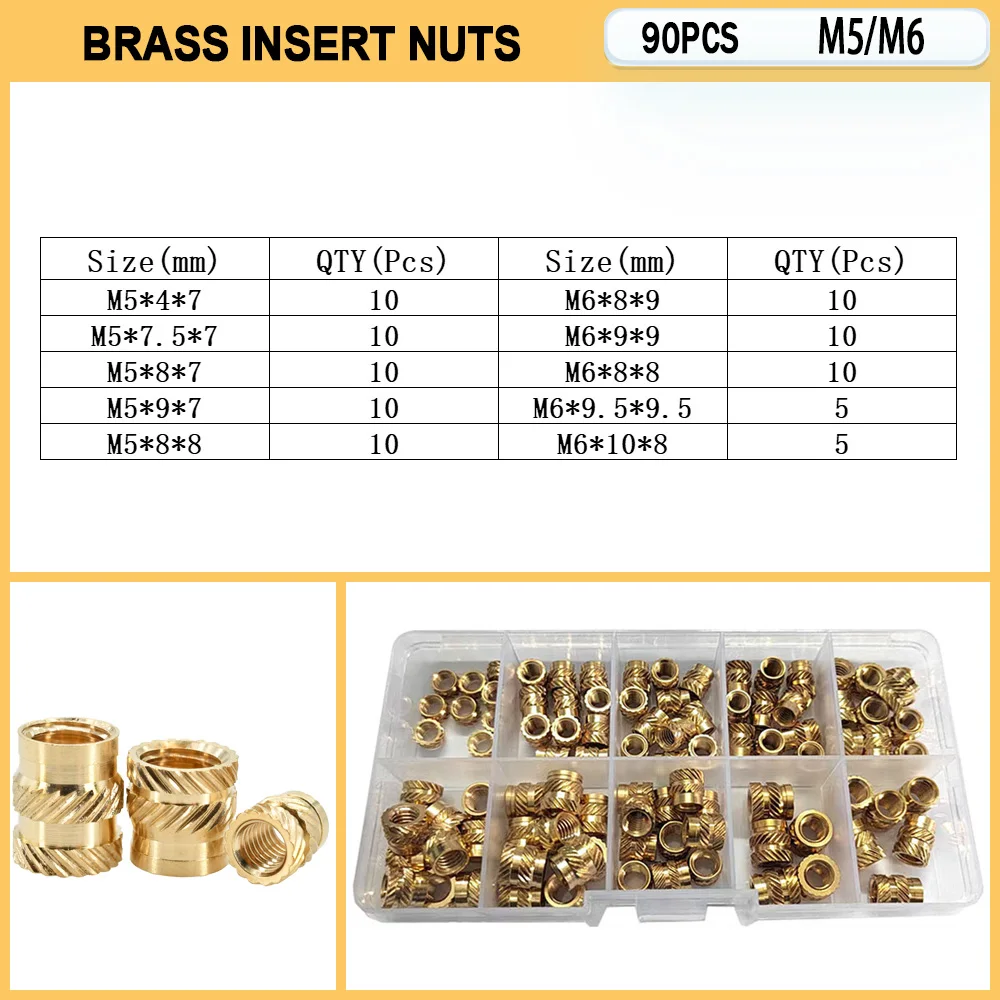

Латунные вставные гайки M2 M3 M4 M5 M6, медная вставка, термоплавкий 3D Печатный материал, вставка под горячее отверстие, стандартный комплект