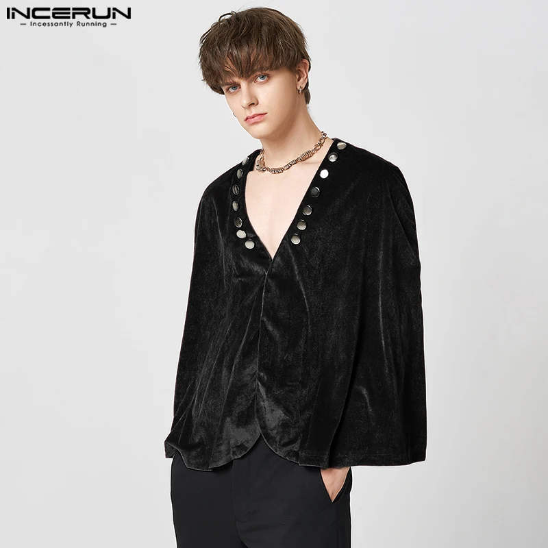 

INCERUN 2023 Men Trench Solid Color V Neck Velour Streetwear Loose Casual Cloak Coats Double Breasted Men Cape Ponchos S-5XL