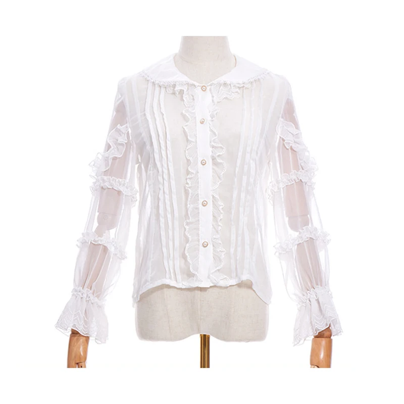 

White See Through Chiffon Ruffles Lantern Sleeves Peter Pan Collar Sweet Lolita Women Blouse 2022 Sexy Fashion Top Cosplay Wear