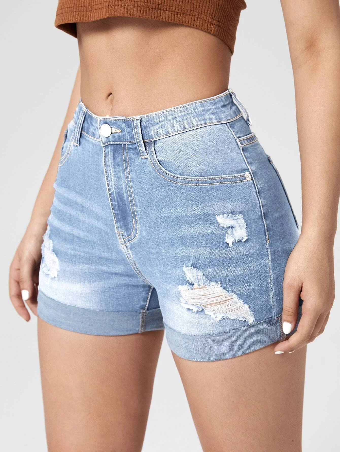 

Ripped Roll Up Hem Denim Shorts