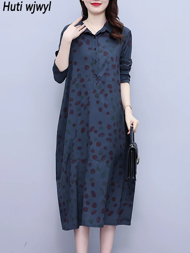 Women Fashion Print Casual Loose Waist Midi Robe Autumn Winter Long Sleeve Chic Prom Dress 2023 Elegant Party Night Maxi Vestido