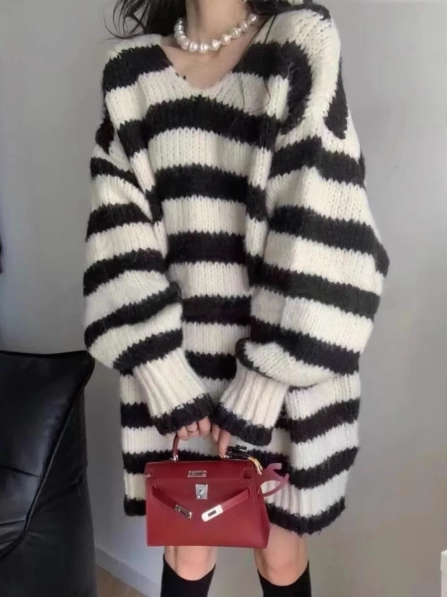 Korean Series Contrast Color Stripe Mid-Length Thick Line Sweater Women Autumn and Winter New V-neck Loose Idle Sle Knit Top