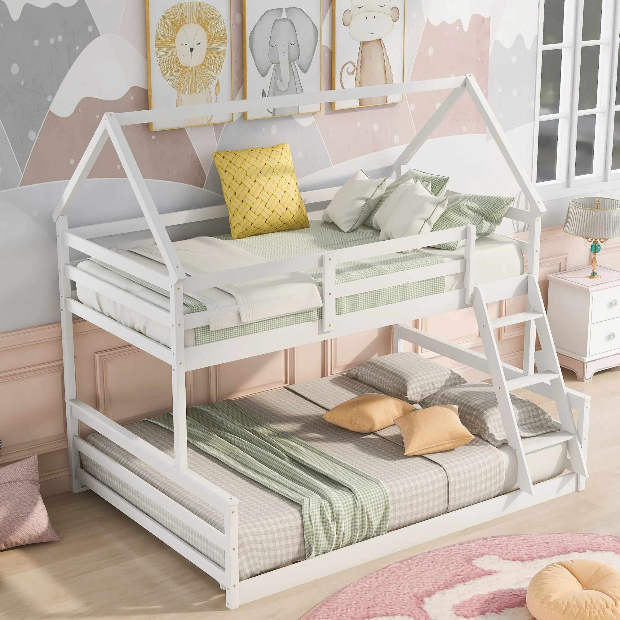 

Home Modern Wooden Furniture Bedroom Furniture Beds Frames Bases Twin Over Full House Bunk Bed With Built-in Ladder White