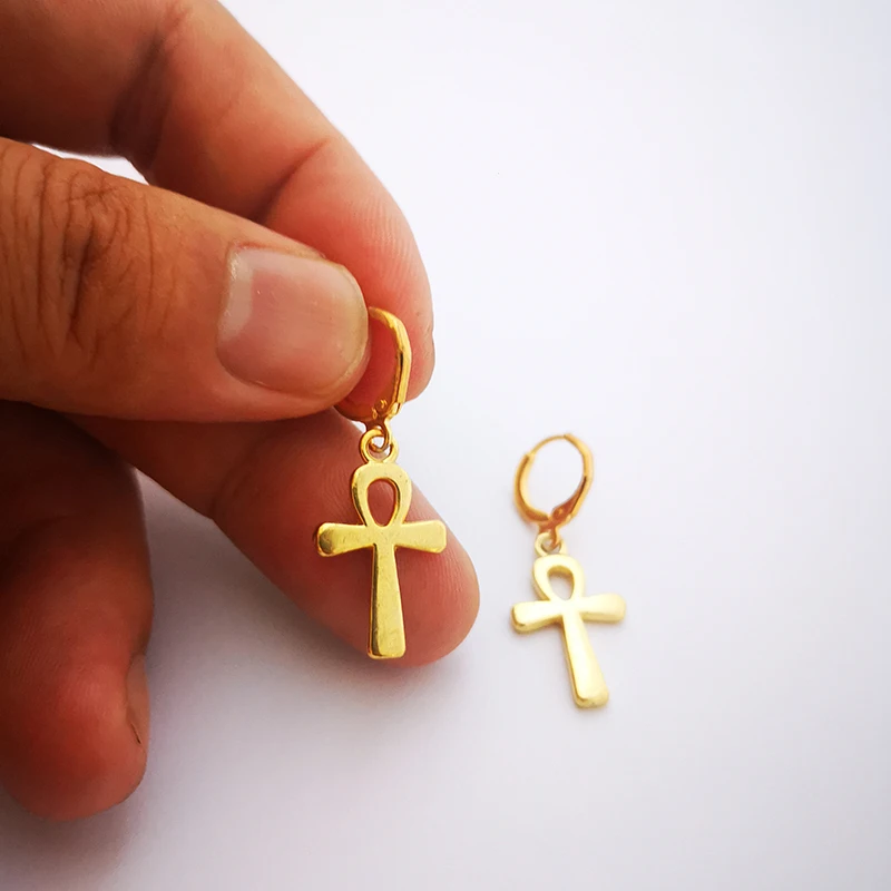 Egyptian Gold Ankh Small Cross Hoop Earrings for Women Designer Bijoux Egypt Jewelry African Accessories Goth Gothic Vintage