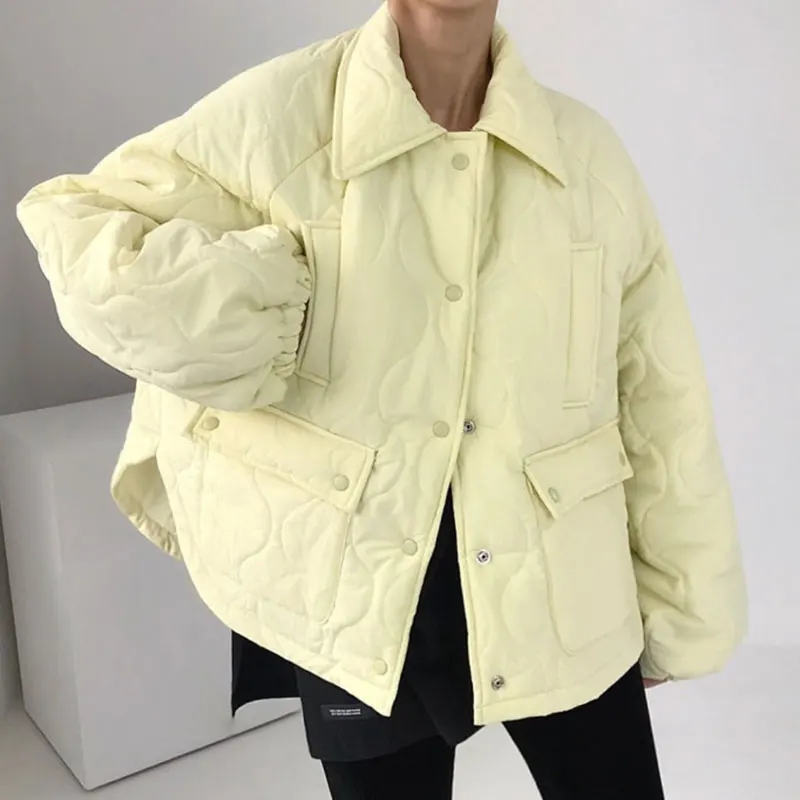 

Clothland Women Elegant Padded Jacket Long Sleeve Pockets Oversized Style Mint Yellow Thick Coats Mujer CA419