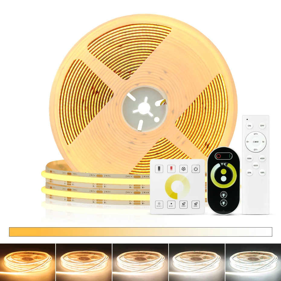 24V COB CCT 2700 - 6500K Белый регулируемый светодиодный пояс 5M 10M 560LED / m гибкий светодиодный пояс CCT RF контрольная лента светодиодное освещение