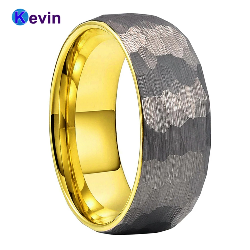 

Nice Tungsten Hammer Ring Two Tone Gold Wedding Band For Men Women With Multi-Faceted Brushed Domed Finish 6MM 8MM Comfort Fit