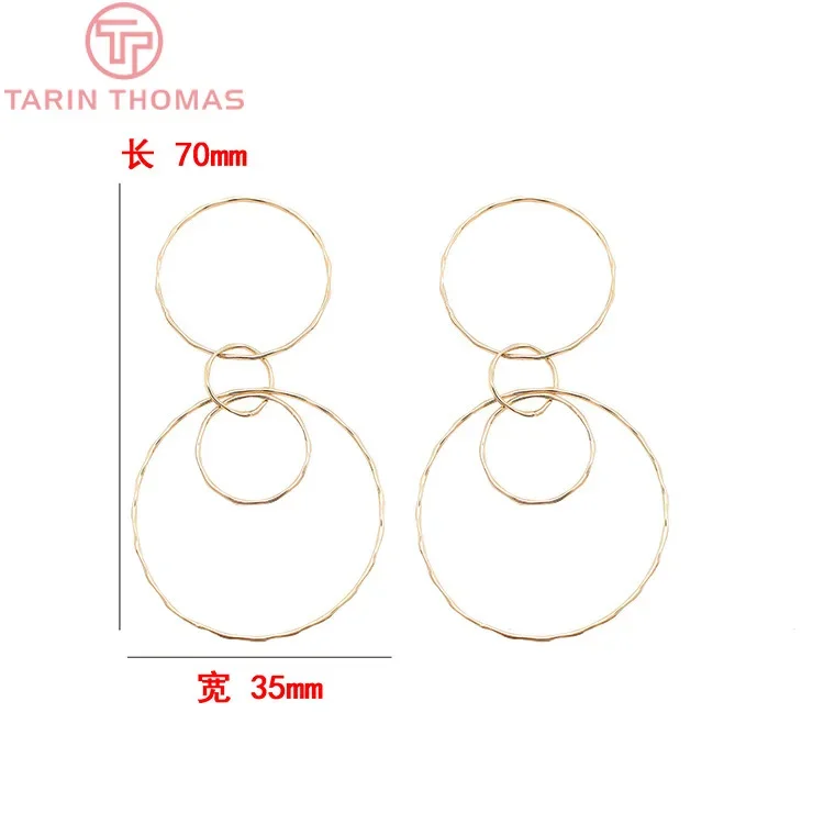 (2126) 4 шт. 35x70 мм 24-каратного золота латунные круглые серьги подвески высокое