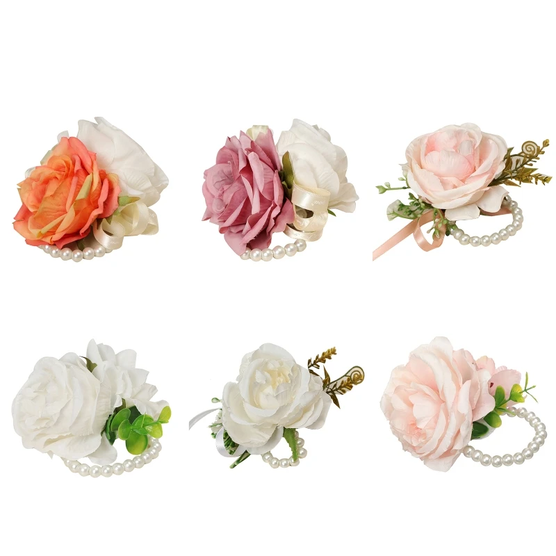 

X7YC Artificial Rose Wrist Corsage Wristband with Greenery Leaves Wedding Pearls Wristlet Hand Flowers for Women Bride Party