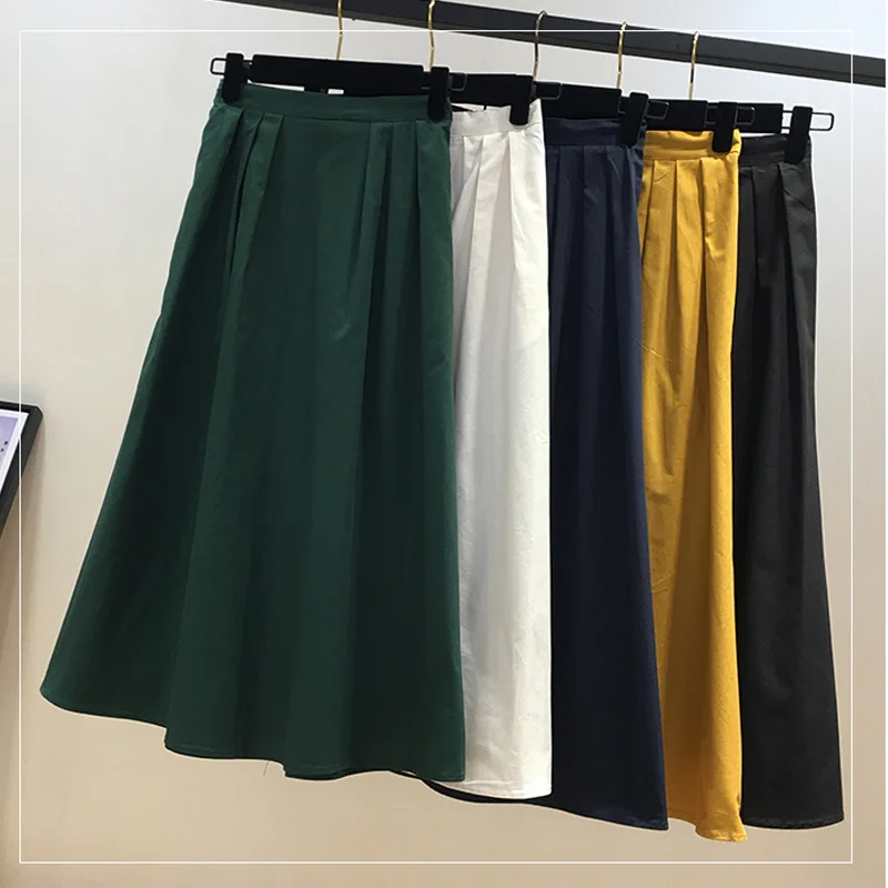 

SETWIGG Summer Womens Casual Cotton Skirts Preppy A-Line Pleated Calf Long Skirts Saia Feminina Faldas Jupe Purple Yellow Green