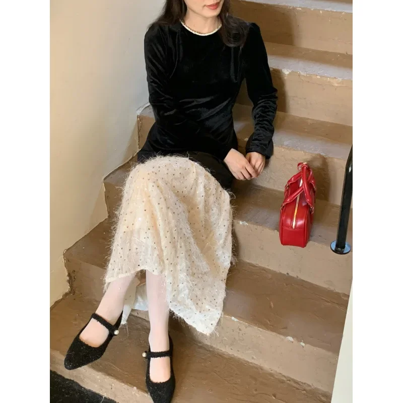 Осень-зима во французском стиле перламутровое платье с круглым вырезом в пэчворк