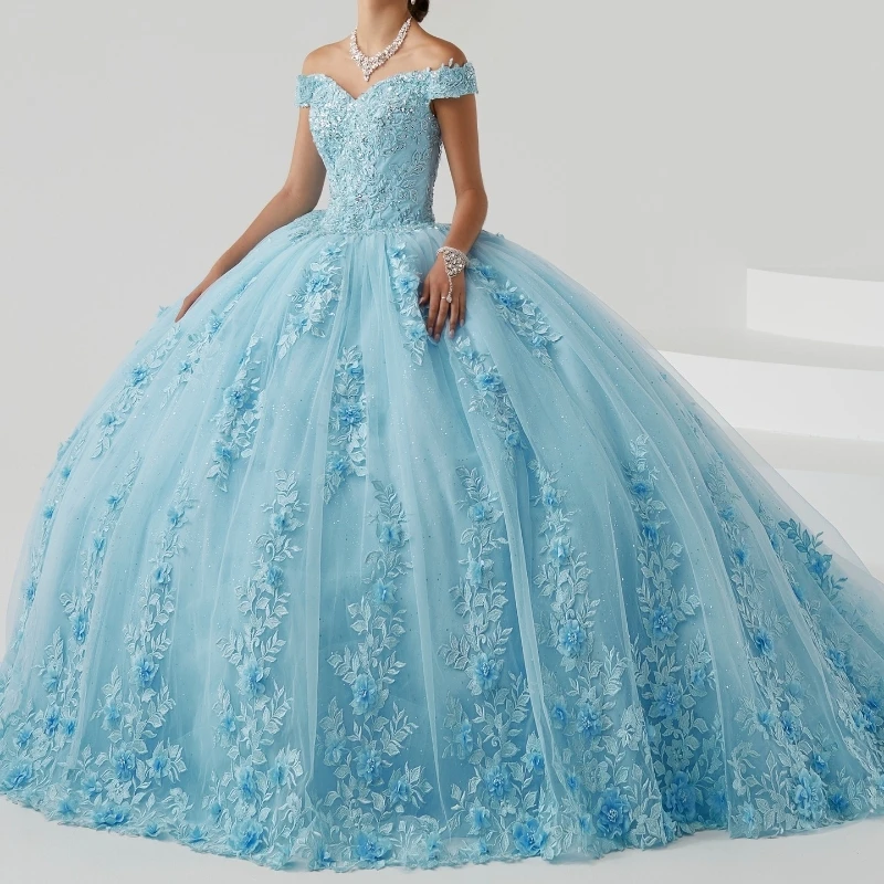Роскошные блестящие небесно-голубые платья Quinceanera с открытыми плечами бусинами аппликация 3DFlower День Рождения вечерние выпускные платья 15 лет