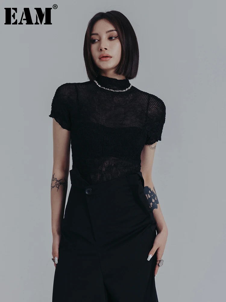 

[EAM] Women Black Pleated Slim Brief Casual T-shirt New Turtleneck Short Sleeve Fashion Tide Spring Summer 2022 1DE8082