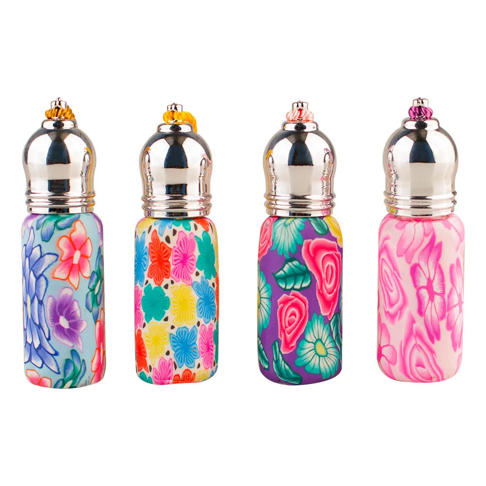 

1pc/4pc Polymer Clay Roller Essential Oil Bottle Many Patterns Glass Perfume Roll On Bottle With Glass And Metal Ball