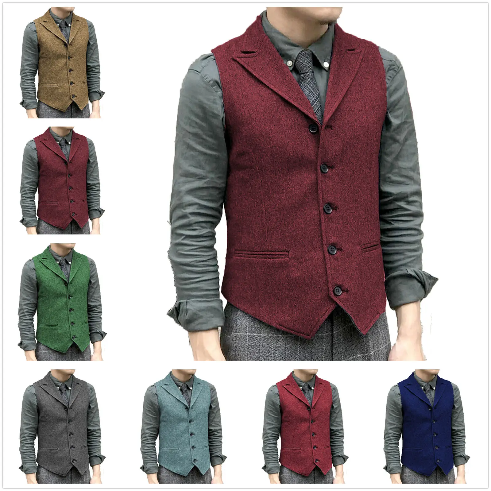 

Men's Tweed Vest Groomsman Vest Retro Herringbone Wool Point Collar Retro Groomsman Wedding Vest