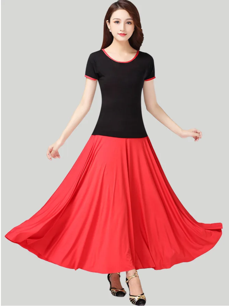 

Solid Color Latin Dance Practice Ballroom 2Pcs Set Women 2023 Belly Costume Short Sleeves Tops Competition Halloween Waltz Skirt