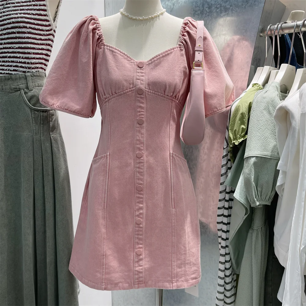 Женское джинсовое платье с V-образным вырезом однотонное розовое мини-платье