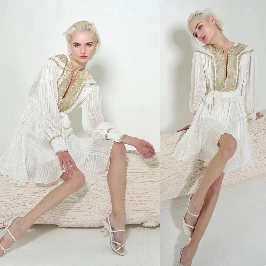 

Golden Embroidered Women Mini Dress Long Sleeve Fitted Waist Big Swing Dress