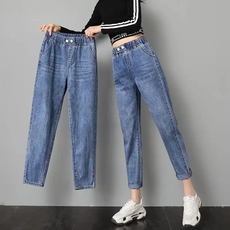 

Large Size Women's Jeans Autumn New Loose High Waist Elastic Ankle-Length Denim Pants Ladies Blue Hallen Jeans 3XL 195