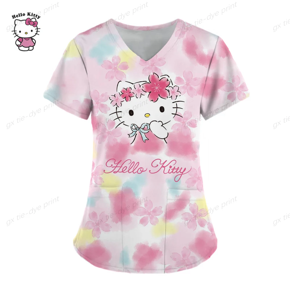 

Hello Kitty Print Nurse Medical Uniforms for Women,v-neck Short Sleeve Pocket Workwear Top Scrubs Medical Accessories Uniform