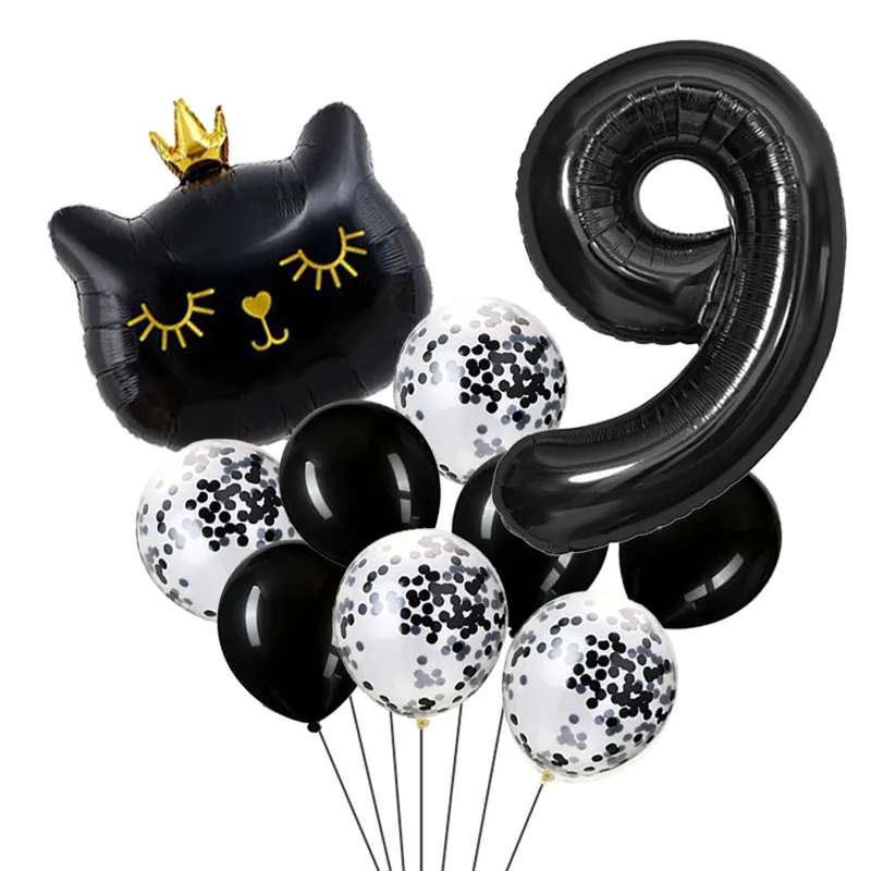

Фольгированные шары с черным номером и кошачьей короной, TingBabyer, для детского праздника