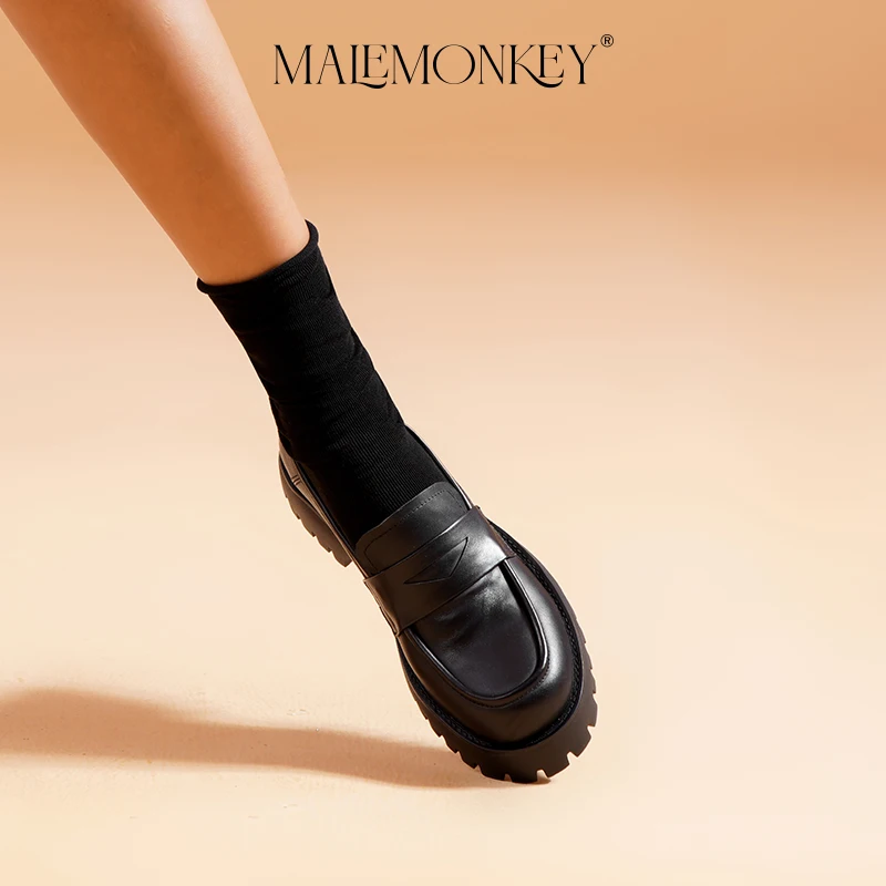 Retro Chunky Loafers Women Genuine Cow Leather 2023 Spring High Qualtiy Platform Shoes Round Toe Slip on Ladies Flats Handmade