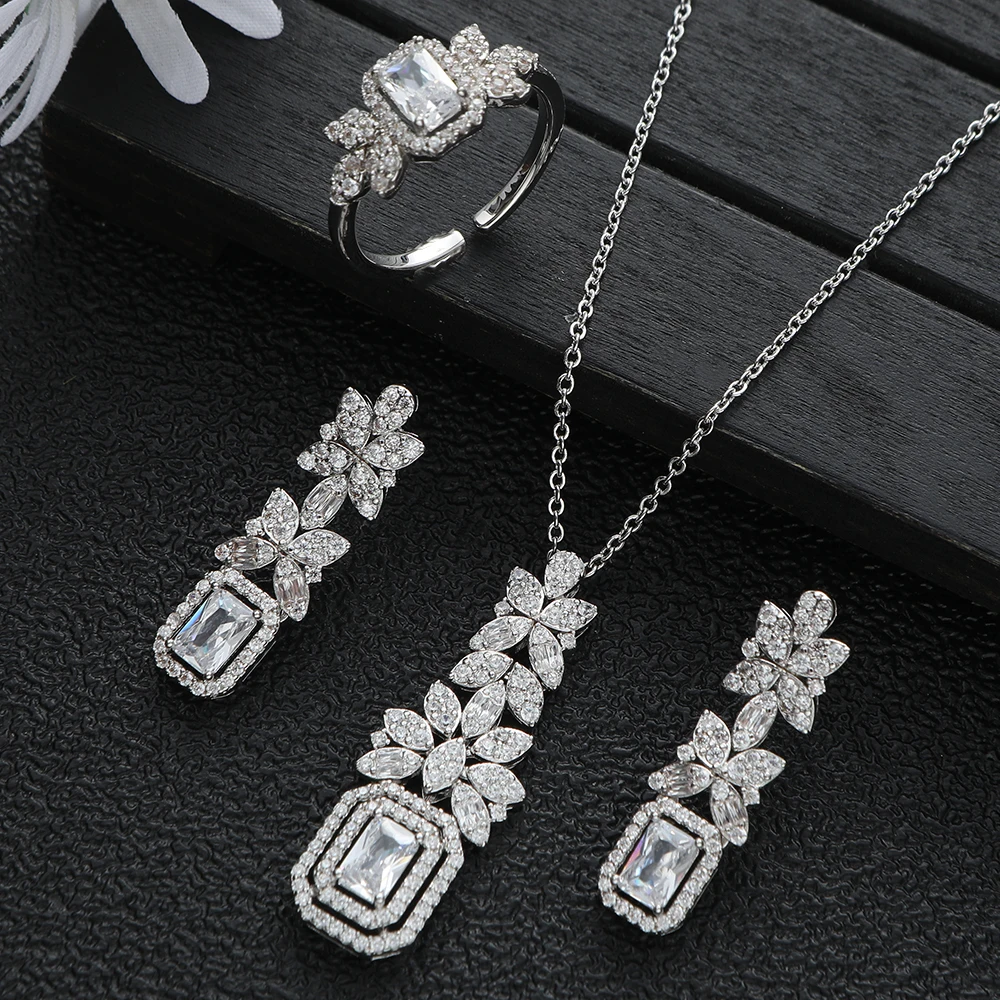 

New Luxury Leaves Rectangle Square Cubic Zircon Engagement Dubai Naija Bridal Finger Rings Necklace Earring Jewelry Set S465