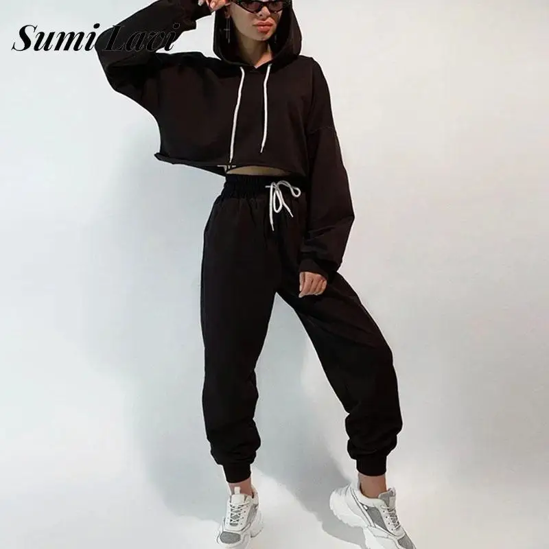 

Casual Elastic High Waist Trousers Suits Fashion Solid Long Sleeve Hoodies Suit Spring Women Crop Tops Two Piece Set Tracksuits