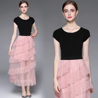 womens summer new high end temperament knitted sweater stitched mesh straight neck short sleeve fake two piece cake skirt