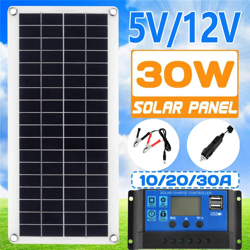 

5V/12V 30W Flexible Solar Panel 10A-60A Controller Car Charger For RV Car Boat LCD Display PWM Solar Panel Charge Controller