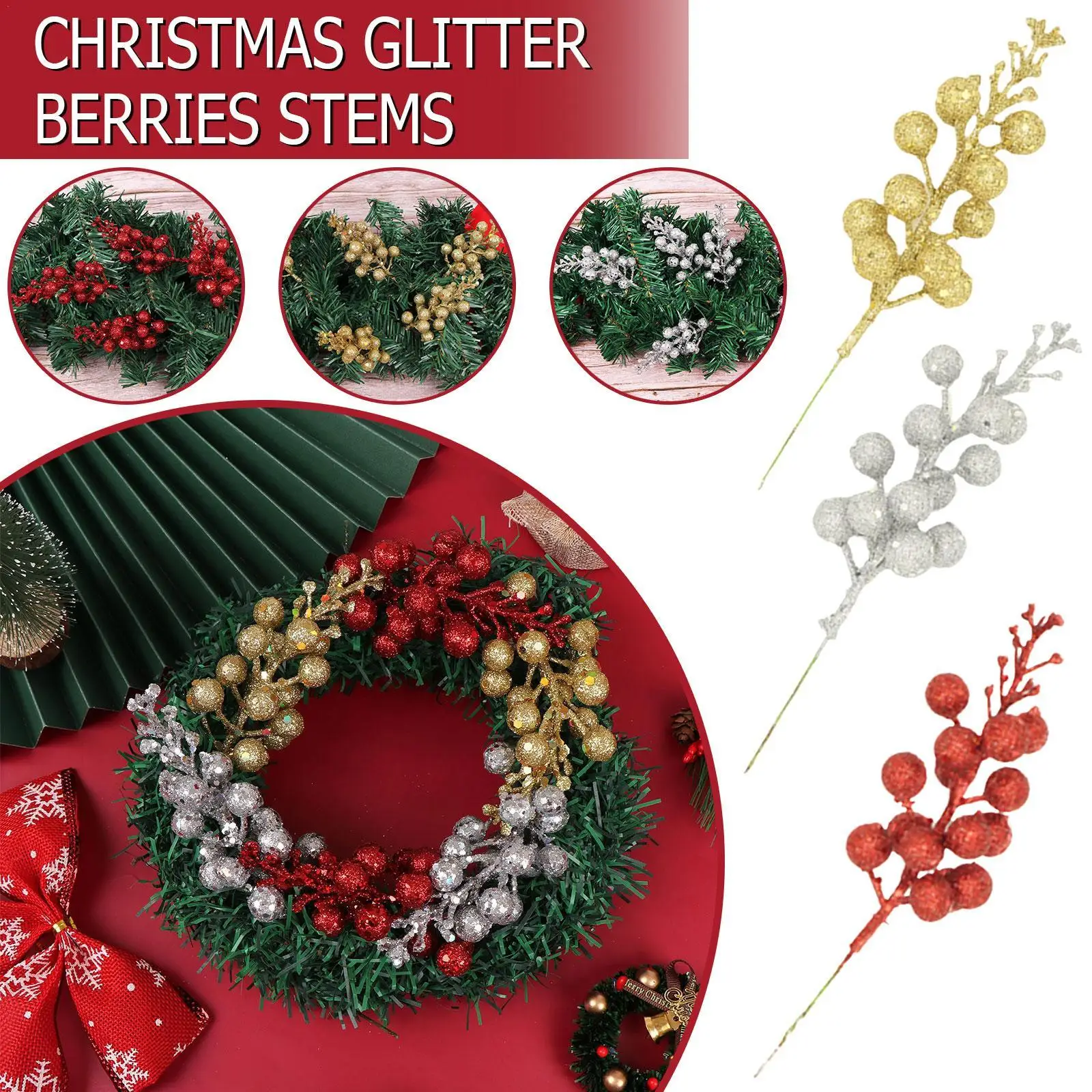 

12pcs Artificial Christmas Berry Tree Pine Branches Berry Stems Glitter Fake Berry Branch For Christmas Tree Wreath Decorations