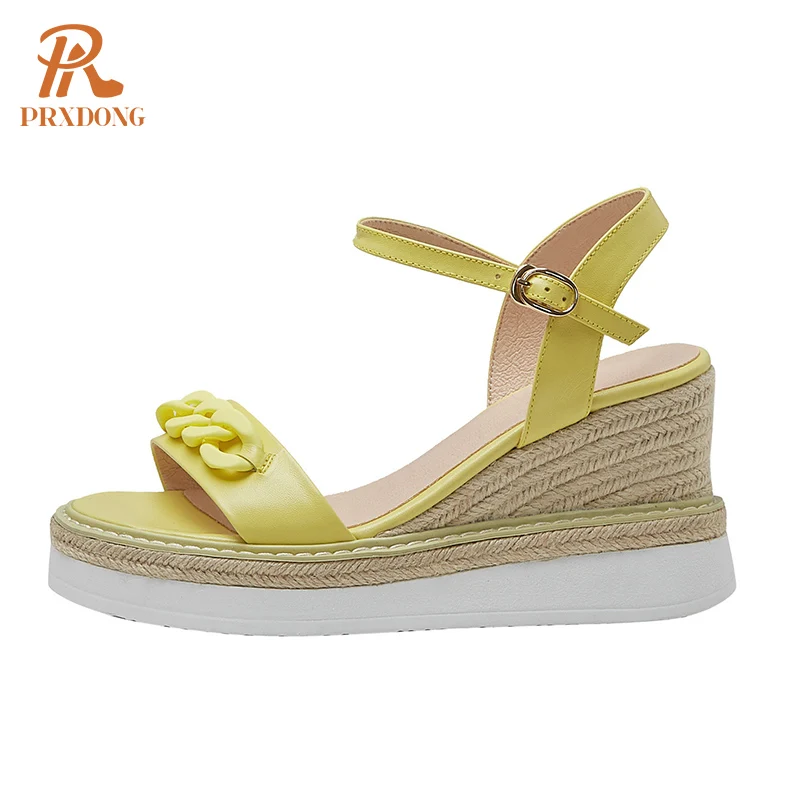 

PRXDONG INS Elegant Genuine Cow Leather Wedges High Heels Platform Shoes Female Sandals Summer Yellow Beige Dress Party Shoes 39