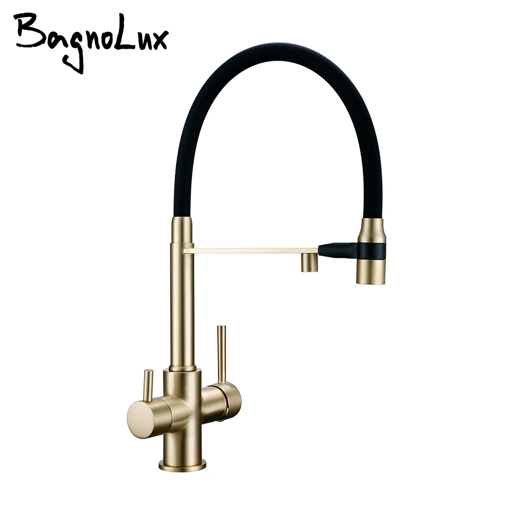 

Brushed Gold Kitchen Faucet Brass 3 Ways Sink Mixer Black Hose Mount Pull Out Dual Spray Nozzle Water Kitchen Taps