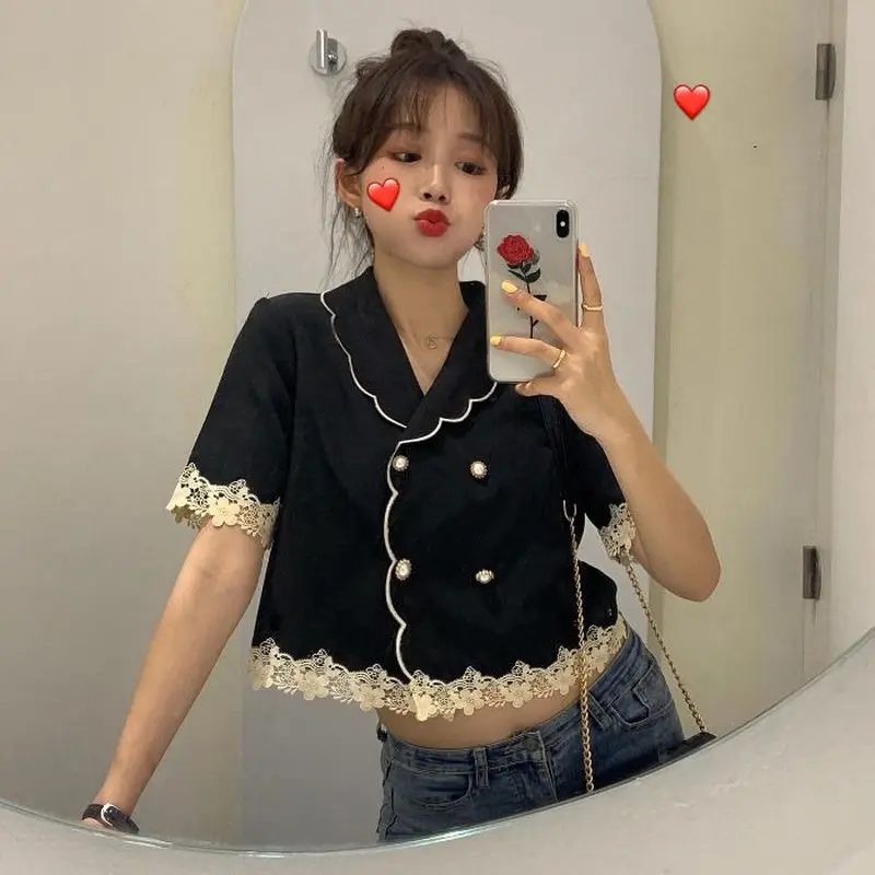 

Black Lace Blazers Women Chic Office Double Breasted Blazer Ladies Vintage Fashion Short Sleeve Knit Coats High Street Clothes