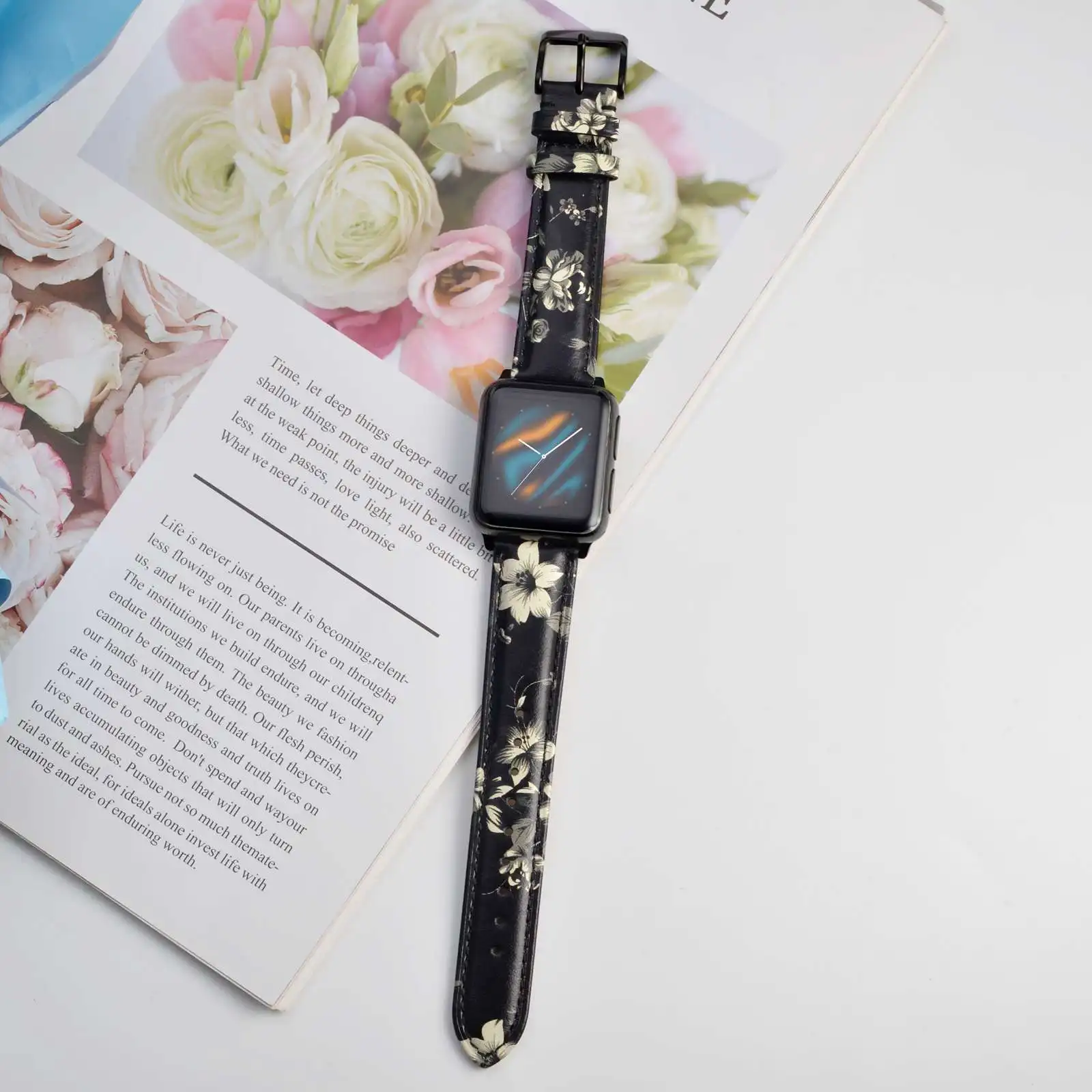 WOCCI Women Flower Watch Band Genuine Leather Strap 18mm 20mm 22mm Watchband Quick Release Bracelet Stainless Black Buckle